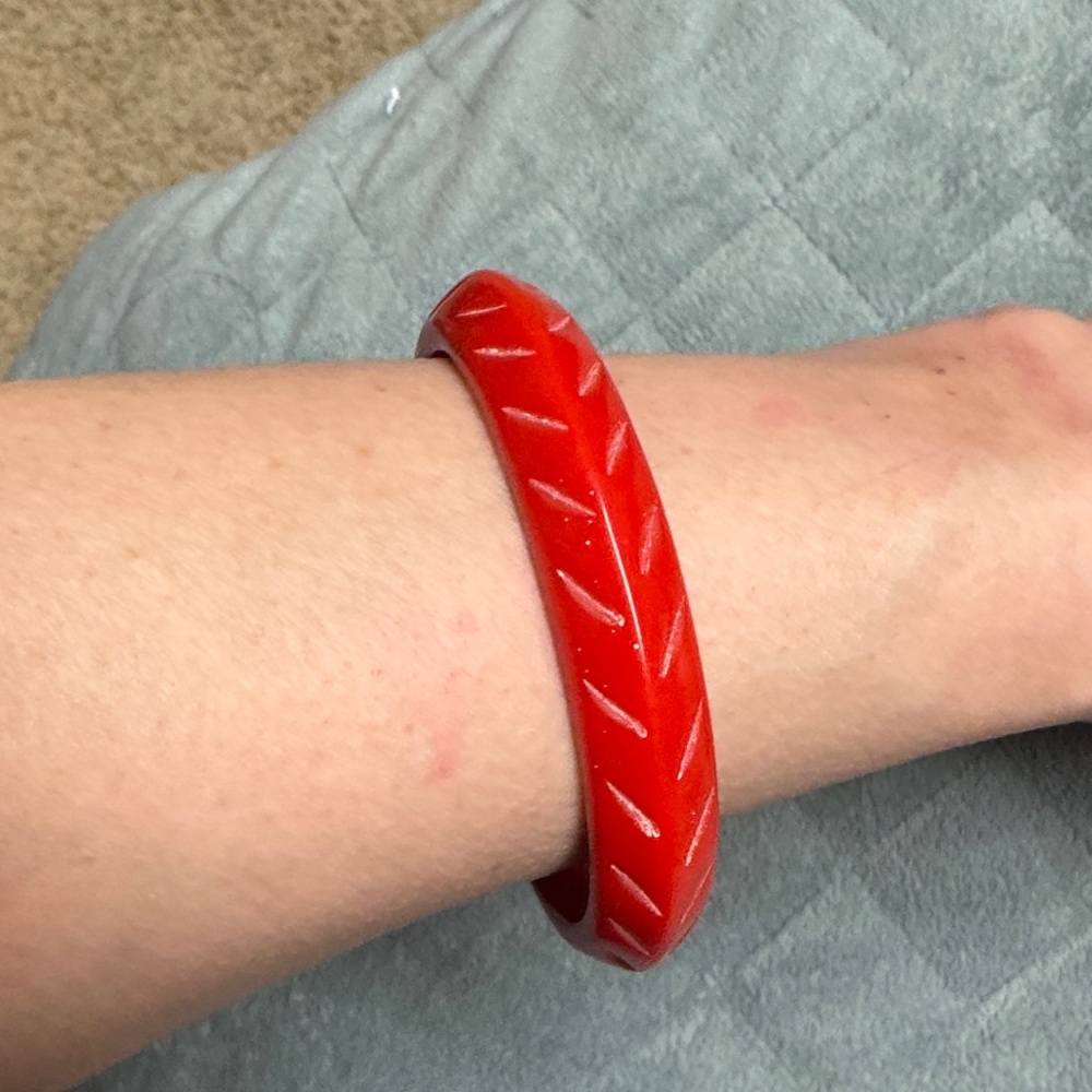 Vintage Plastic Bangle Bracelet, Red, Carved, Retro, Boho